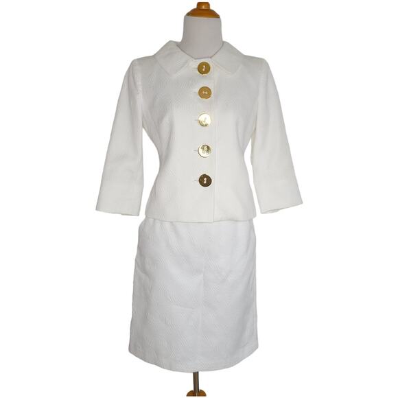 Milly of New York White Skirt Suit Mod 60s Retro Bridal Gold Chain Women 2/4 - Picture 1 of 16
